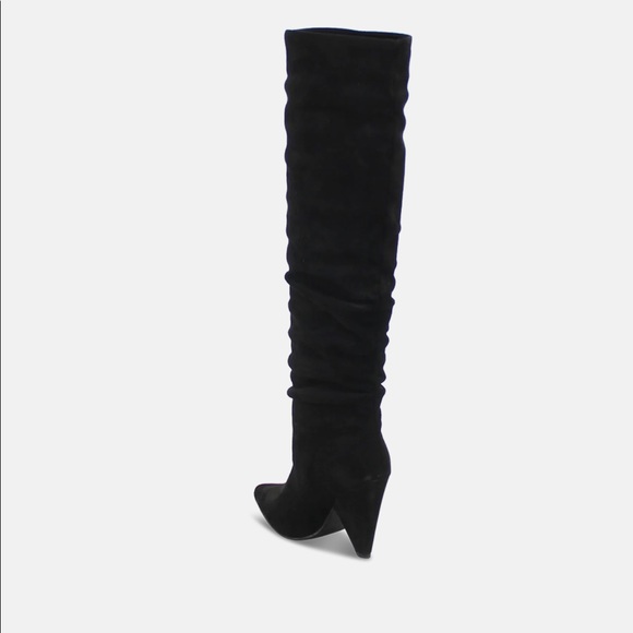 Women’s Knee High Slouchy Pointed Toe Heeled Boot in Black Faux Suede - Picture 3 of 5